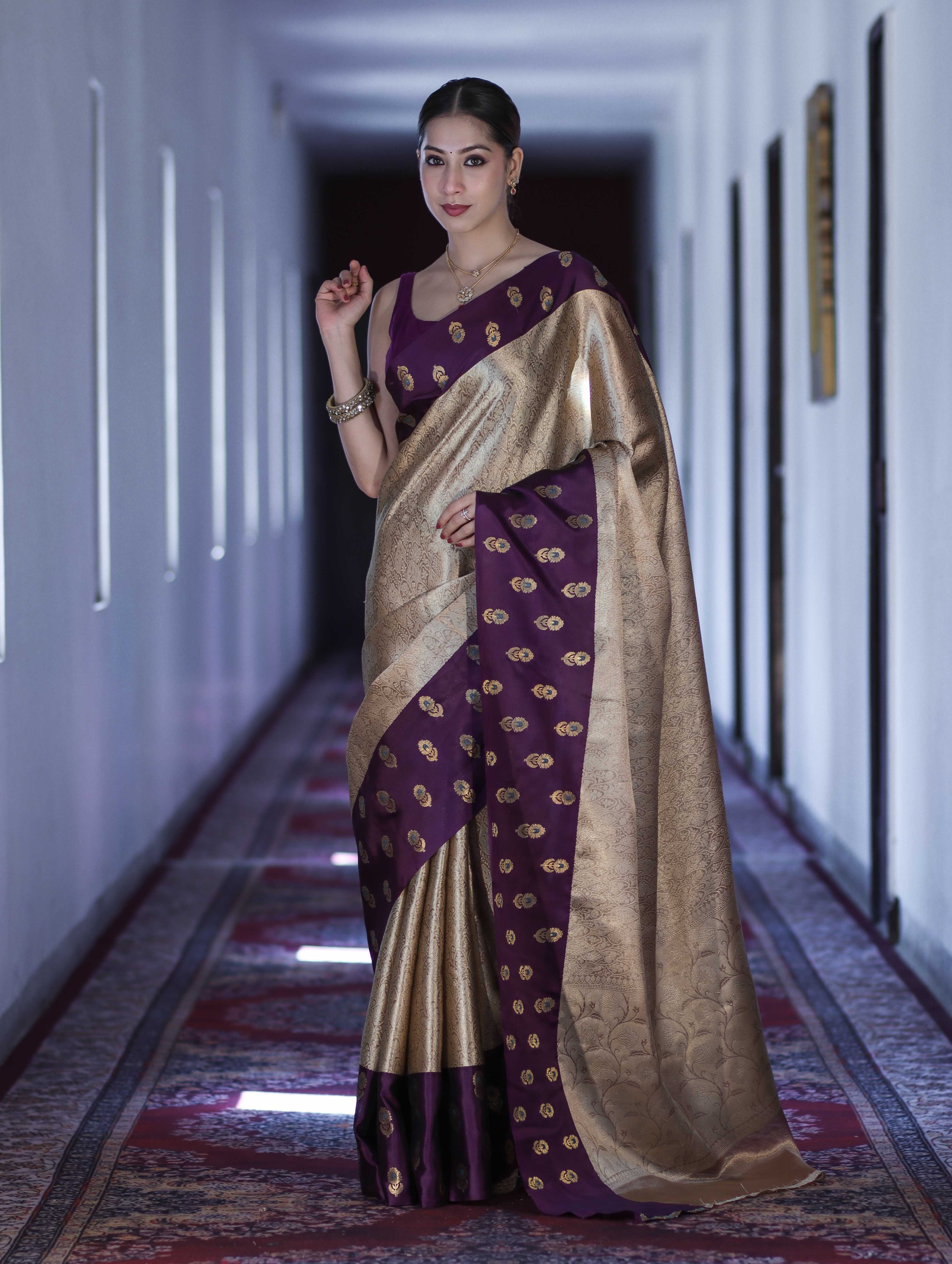 Banarasee Handloom Soft Silk Saree With Zari Weaving & Contrast Border-Gold & Purple