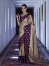 Banarasee Handloom Soft Silk Saree With Zari Weaving & Contrast Border-Gold & Purple