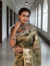 Banarasee Handwoven Crushed Tissue Saree With Zari Buta Design & Lace-Olive Green