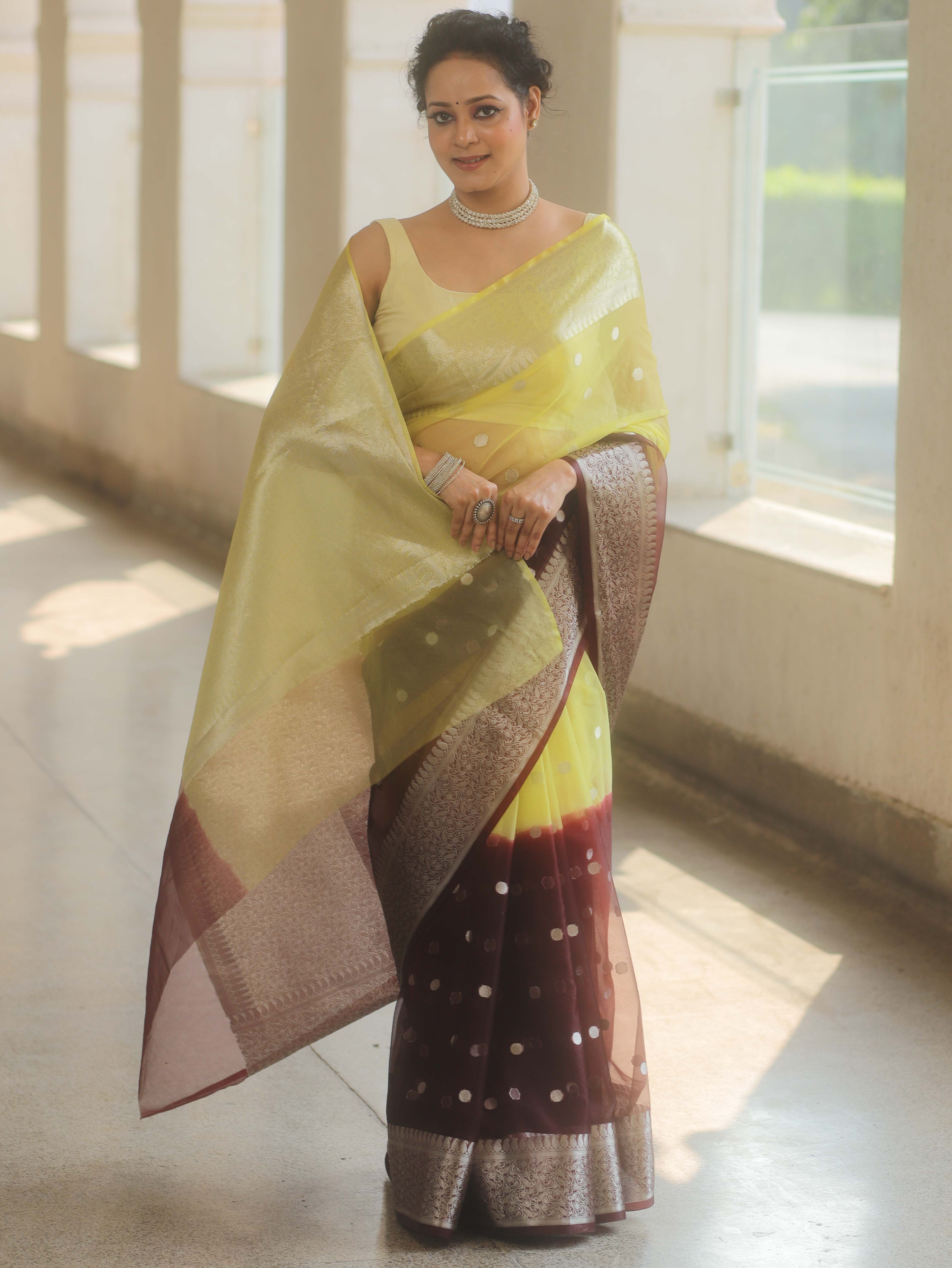Banarasee Organza Saree With Silver Zari Design & Dual Color-Yellow & Brown