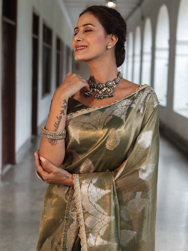 Banarasee Handwoven Crushed Tissue Saree With Zari Buta Design & Lace-Olive Green