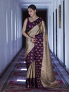 Banarasee Handloom Soft Silk Saree With Zari Weaving & Contrast Border-Gold & Purple