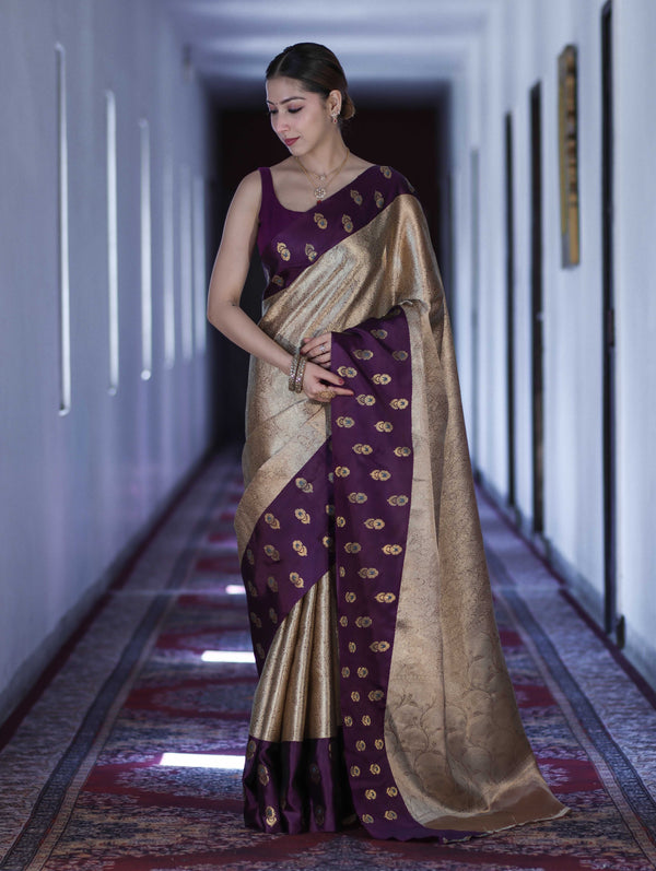 Banarasee Handloom Soft Silk Saree With Zari Weaving & Contrast Border-Gold & Purple