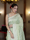 Banarasee Handloom Pure Cotton Silk Saree With Zari Jaal Design-Light Green
