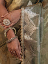 Banarasee Handwoven Crushed Tissue Saree With Zari Buta Design & Lace-Olive Green