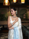 Banarasee Handloom Satin Hand Dyed Saree With Mirror Work-Light Yellow & Light Blue