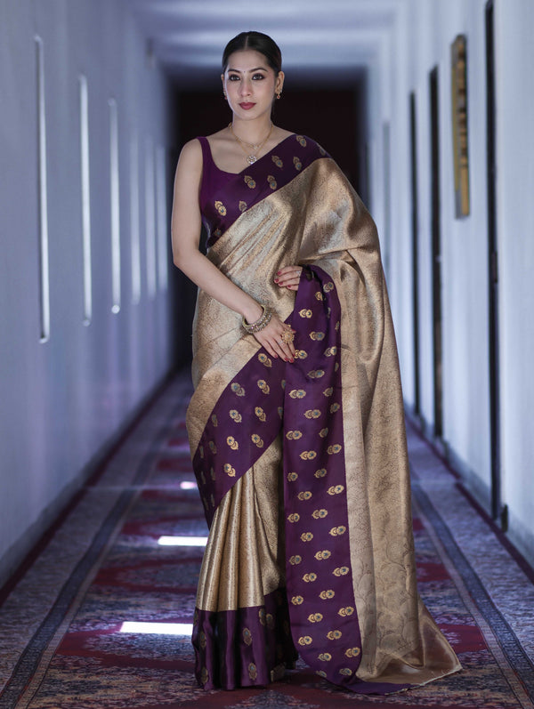 Banarasee Handloom Soft Silk Saree With Zari Weaving & Contrast Border-Gold & Purple