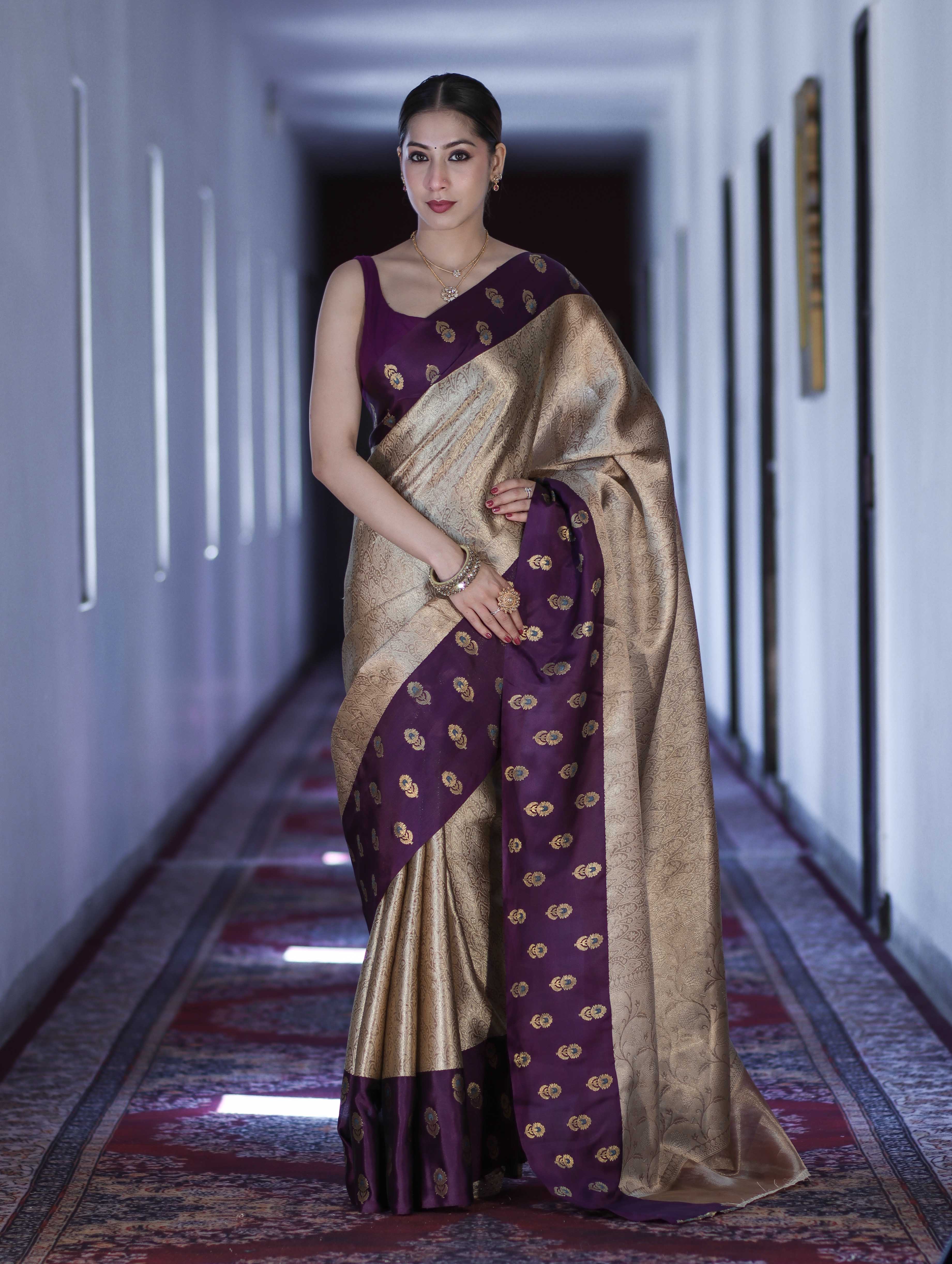 Banarasee Handloom Soft Silk Saree With Zari Weaving & Contrast Border-Gold & Purple