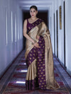 Banarasee Handloom Soft Silk Saree With Zari Weaving & Contrast Border-Gold & Purple