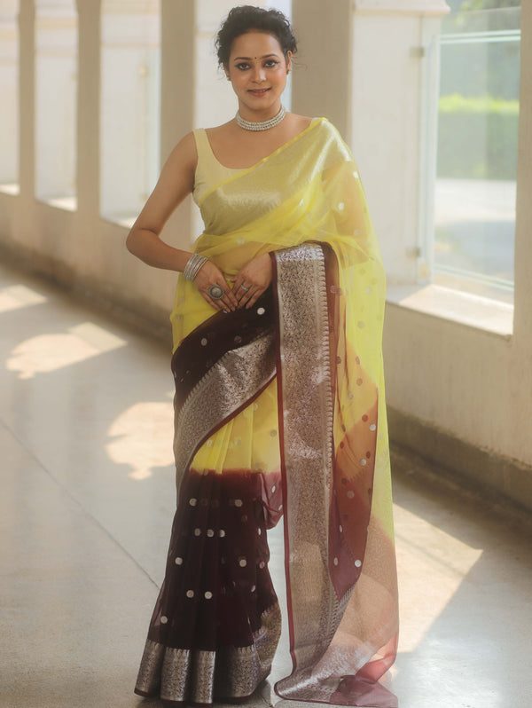 Banarasee Organza Saree With Silver Zari Design & Dual Color-Yellow & Brown