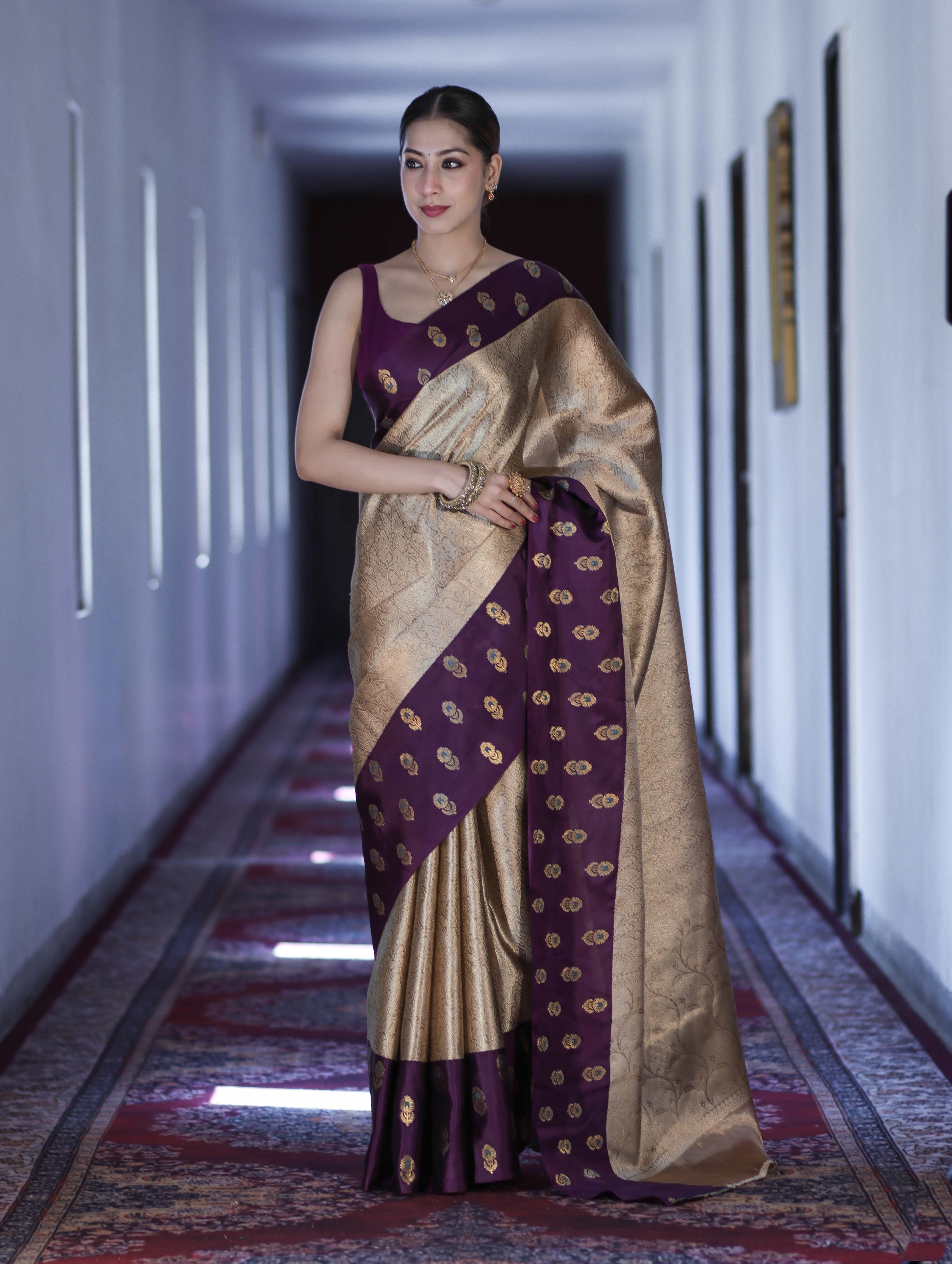 Banarasee Handloom Soft Silk Saree With Zari Weaving & Contrast Border-Gold & Purple