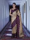 Banarasee Handloom Soft Silk Saree With Zari Weaving & Contrast Border-Gold & Purple