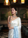 Banarasee Handloom Satin Hand Dyed Saree With Mirror Work-Light Yellow & Light Blue