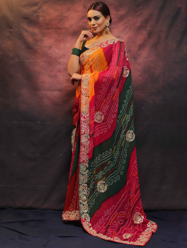 Chiffon Bandhej Saree With Gotapatti Zardozi Work-Multicolor