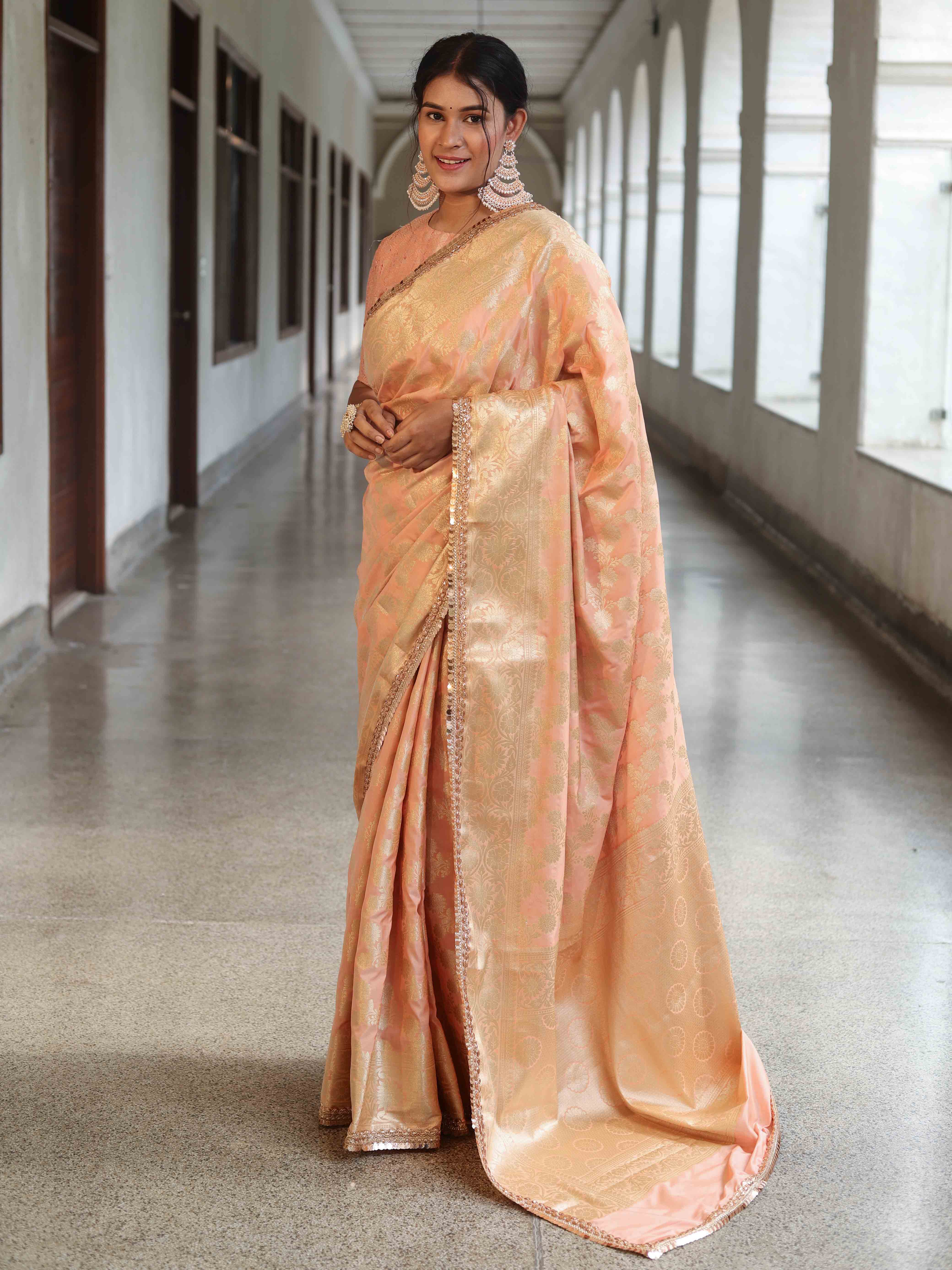 Banarasee Handwoven Semi Silk Saree With Zari Jaal Design & Lace-Peachy Pink
