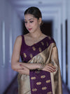 Banarasee Handloom Soft Silk Saree With Zari Weaving & Contrast Border-Gold & Purple