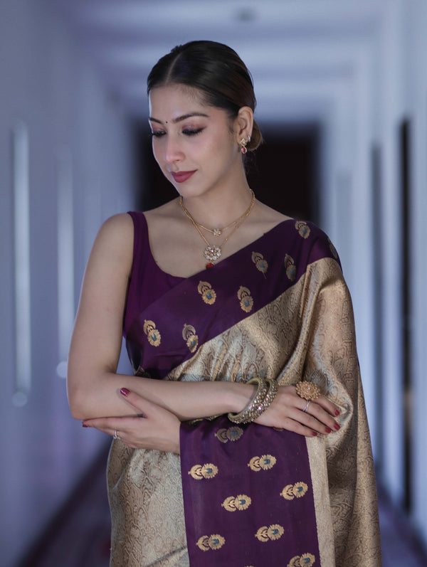 Banarasee Handloom Soft Silk Saree With Zari Weaving & Contrast Border-Gold & Purple