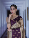 Banarasee Handloom Soft Silk Saree With Zari Weaving & Contrast Border-Gold & Purple