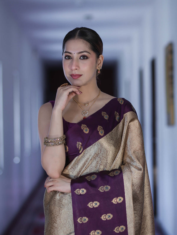 Banarasee Handloom Soft Silk Saree With Zari Weaving & Contrast Border-Gold & Purple