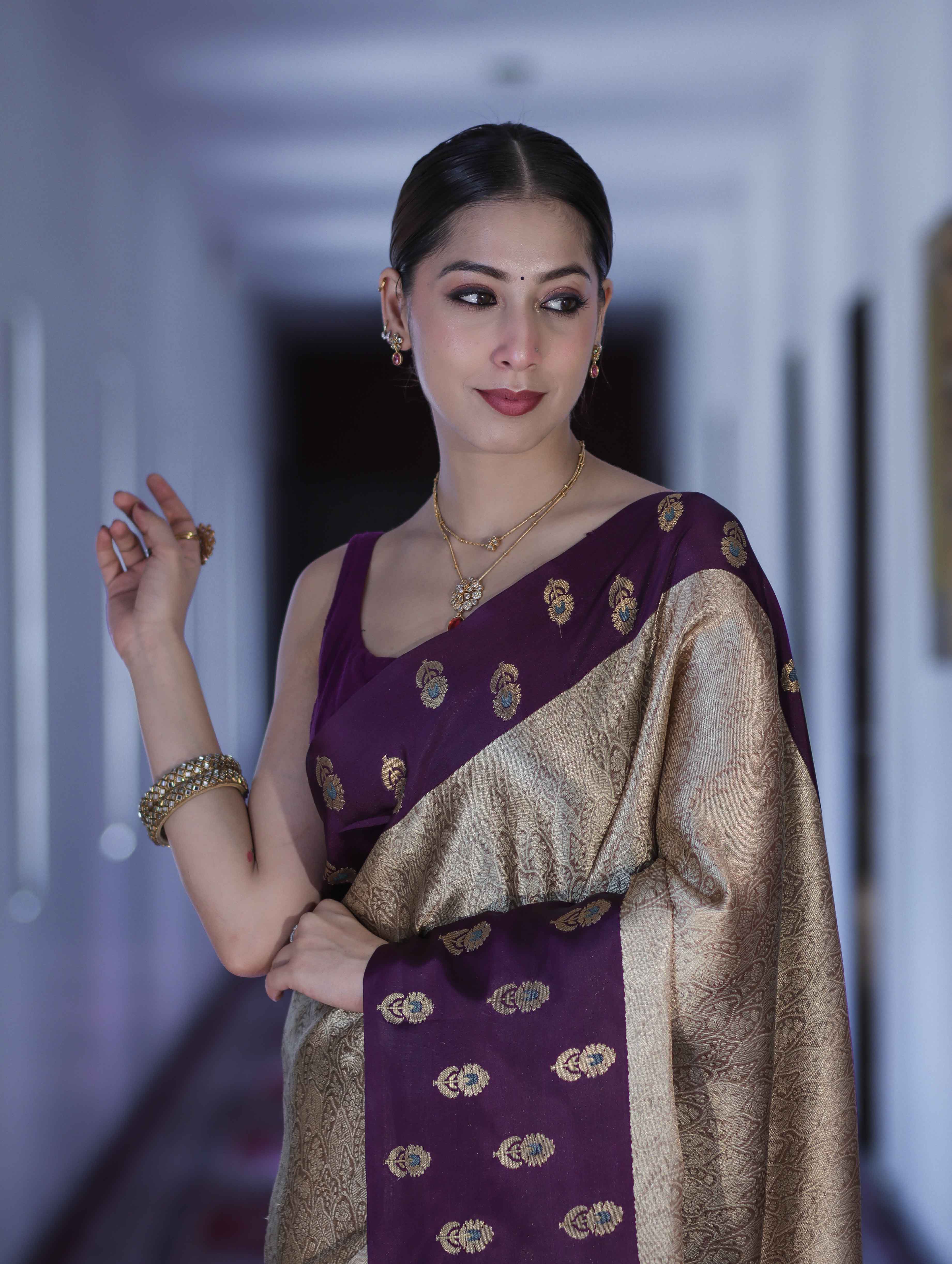 Banarasee Handloom Soft Silk Saree With Zari Weaving & Contrast Border-Gold & Purple