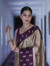 Banarasee Handloom Soft Silk Saree With Zari Weaving & Contrast Border-Gold & Purple