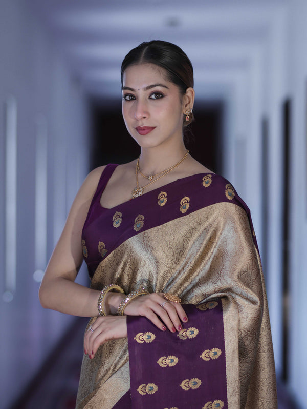Banarasee Handloom Soft Silk Saree With Zari Weaving & Contrast Border-Gold & Purple