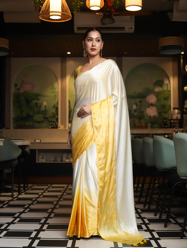 Banarasee Handloom Satin Hand Dyed Saree With Mirror Work-Yellow(Dual Tone)