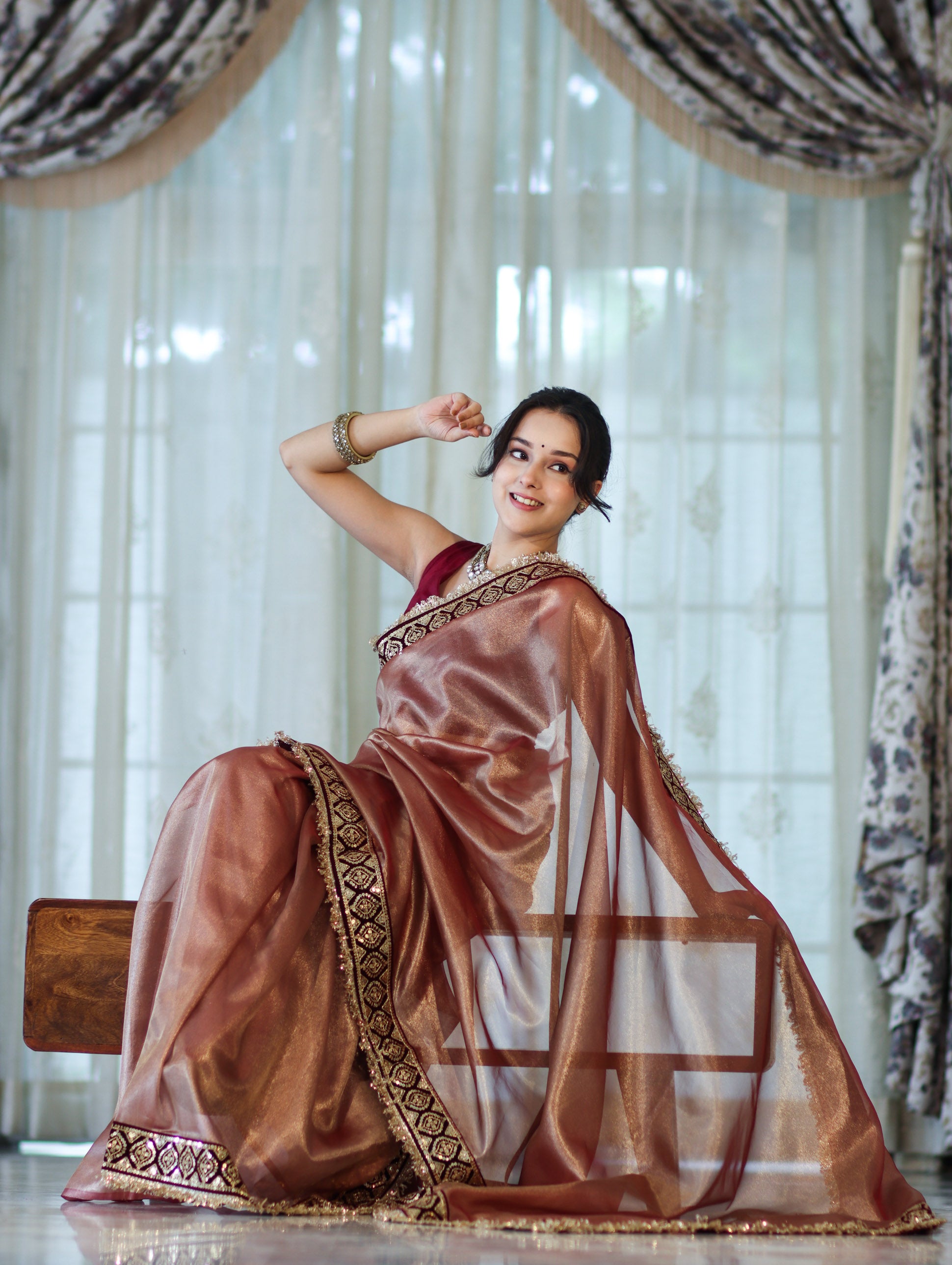 Banarasee Handloom Plain Tissue Saree With Lace Border-Burgundy