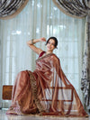 Banarasee Handloom Plain Tissue Saree With Lace Border-Burgundy