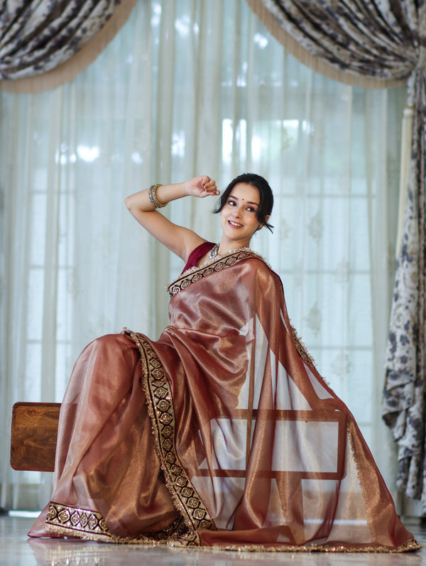 Banarasee Handloom Plain Tissue Saree With Lace Border-Burgundy