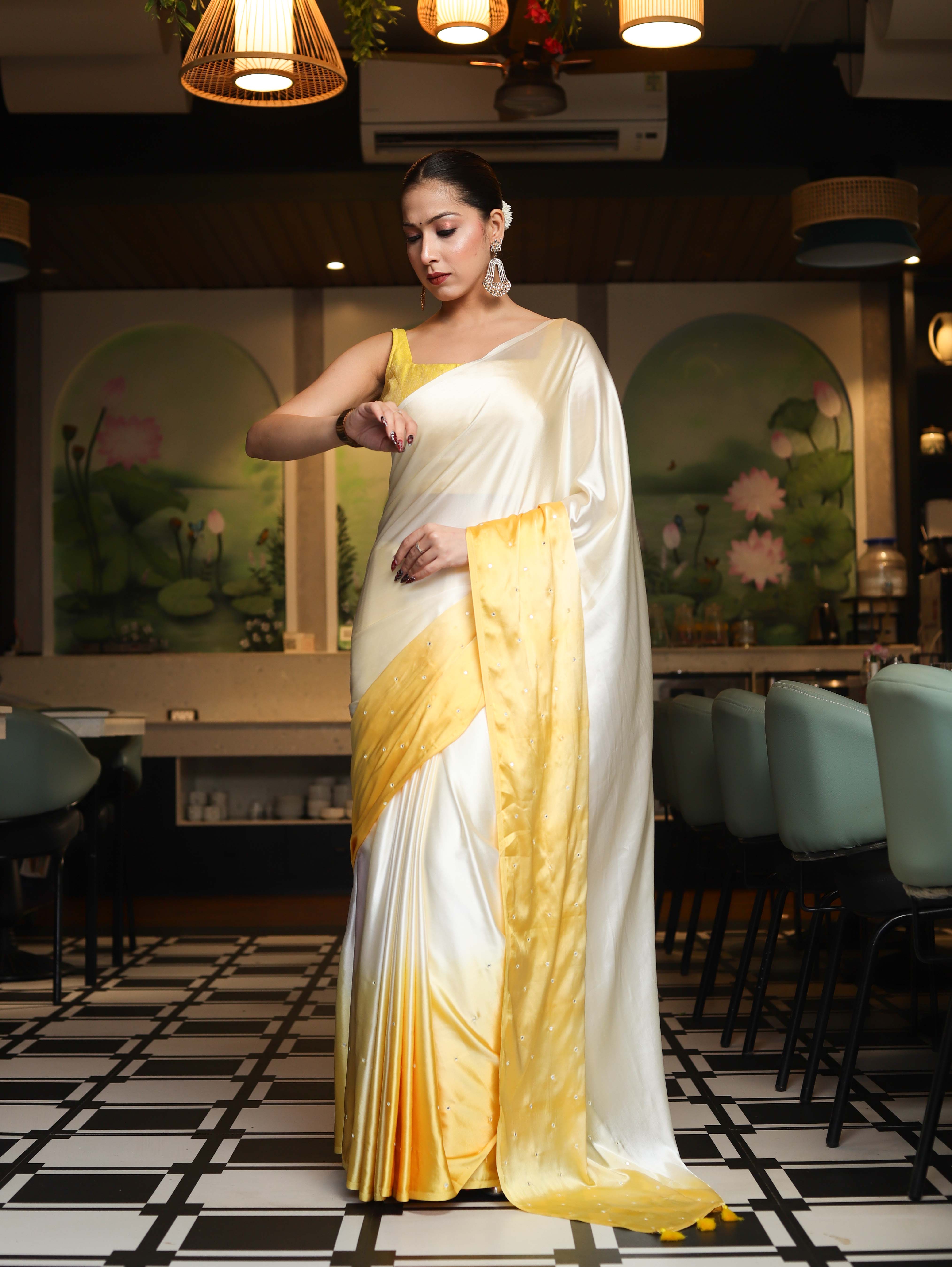 Banarasee Handloom Satin Hand Dyed Saree With Mirror Work-Yellow(Dual Tone)