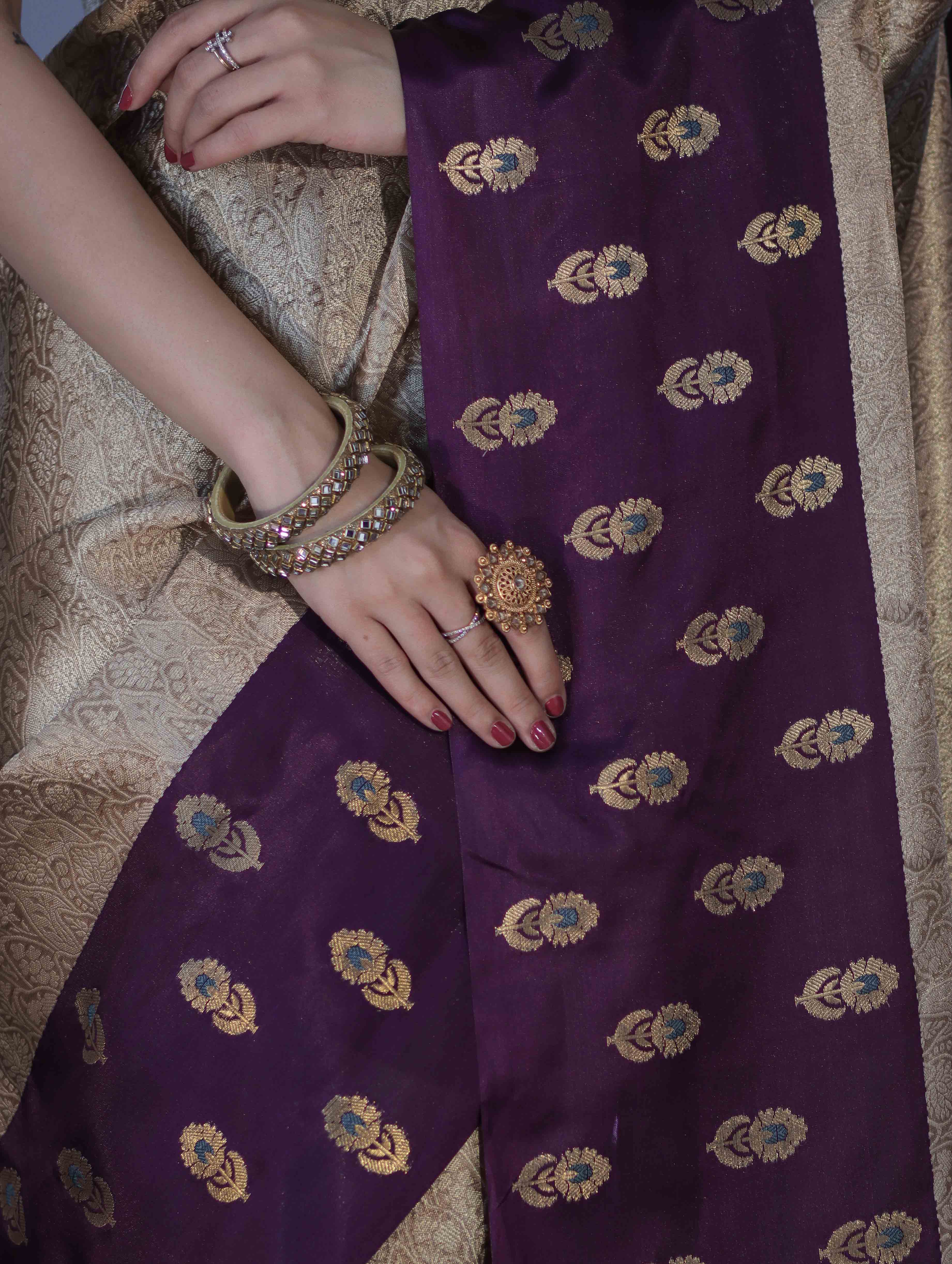 Banarasee Handloom Soft Silk Saree With Zari Weaving & Contrast Border-Gold & Purple