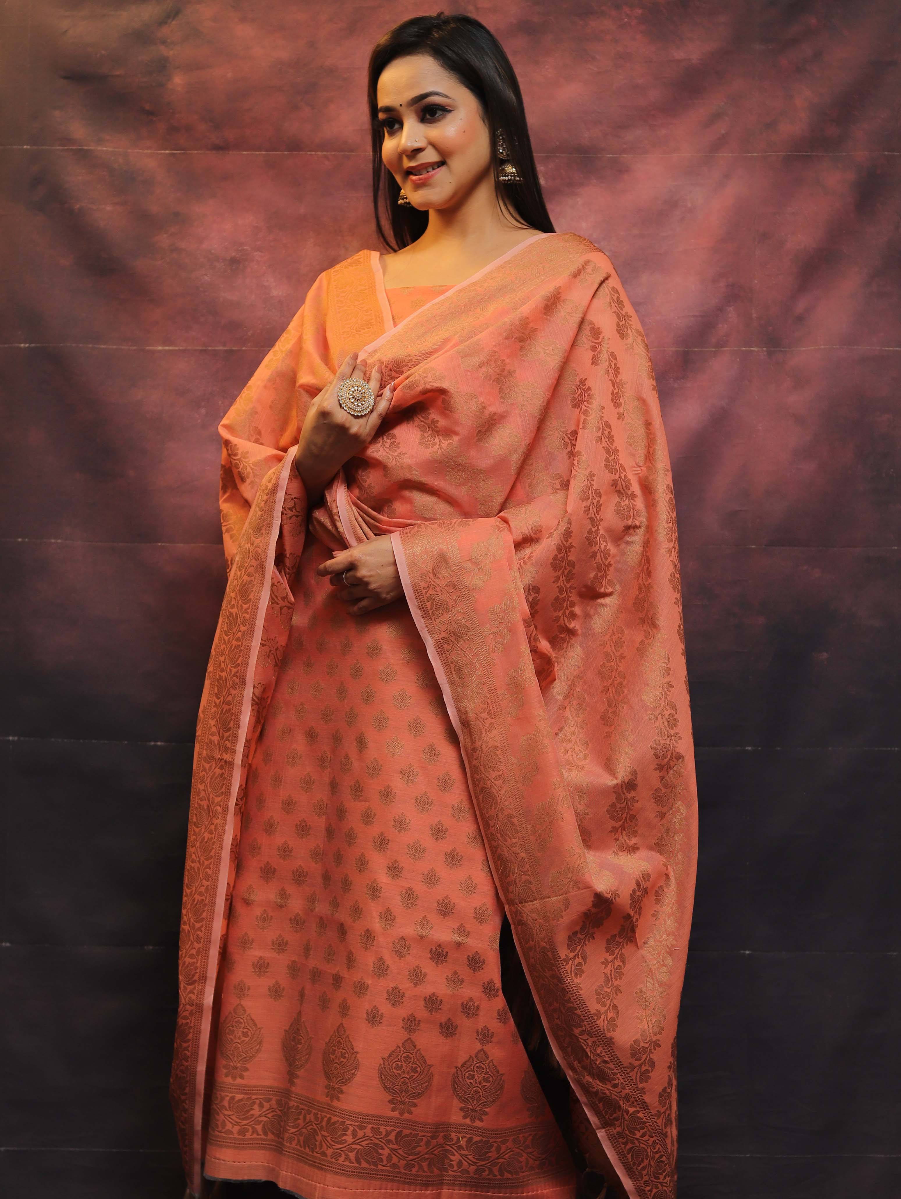 Banarasee Soft Cotton Ghichha Work Salwar Kameez Fabric With Dupatta-Peach