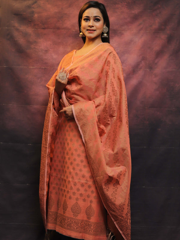 Banarasee Soft Cotton Ghichha Work Salwar Kameez Fabric With Dupatta-Peach