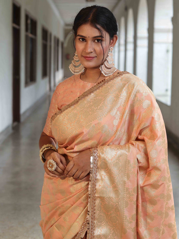 Banarasee Handwoven Semi Silk Saree With Zari Jaal Design & Lace-Peachy Pink