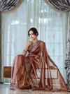 Banarasee Handloom Plain Tissue Saree With Lace Border-Burgundy