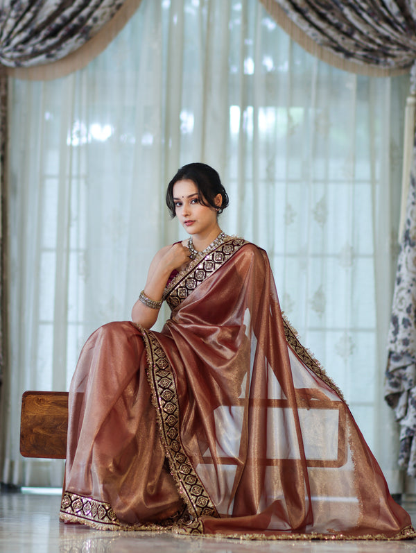Banarasee Handloom Plain Tissue Saree With Lace Border-Burgundy