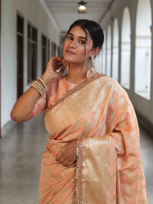 Banarasee Handwoven Semi Silk Saree With Zari Jaal Design & Lace-Peachy Pink