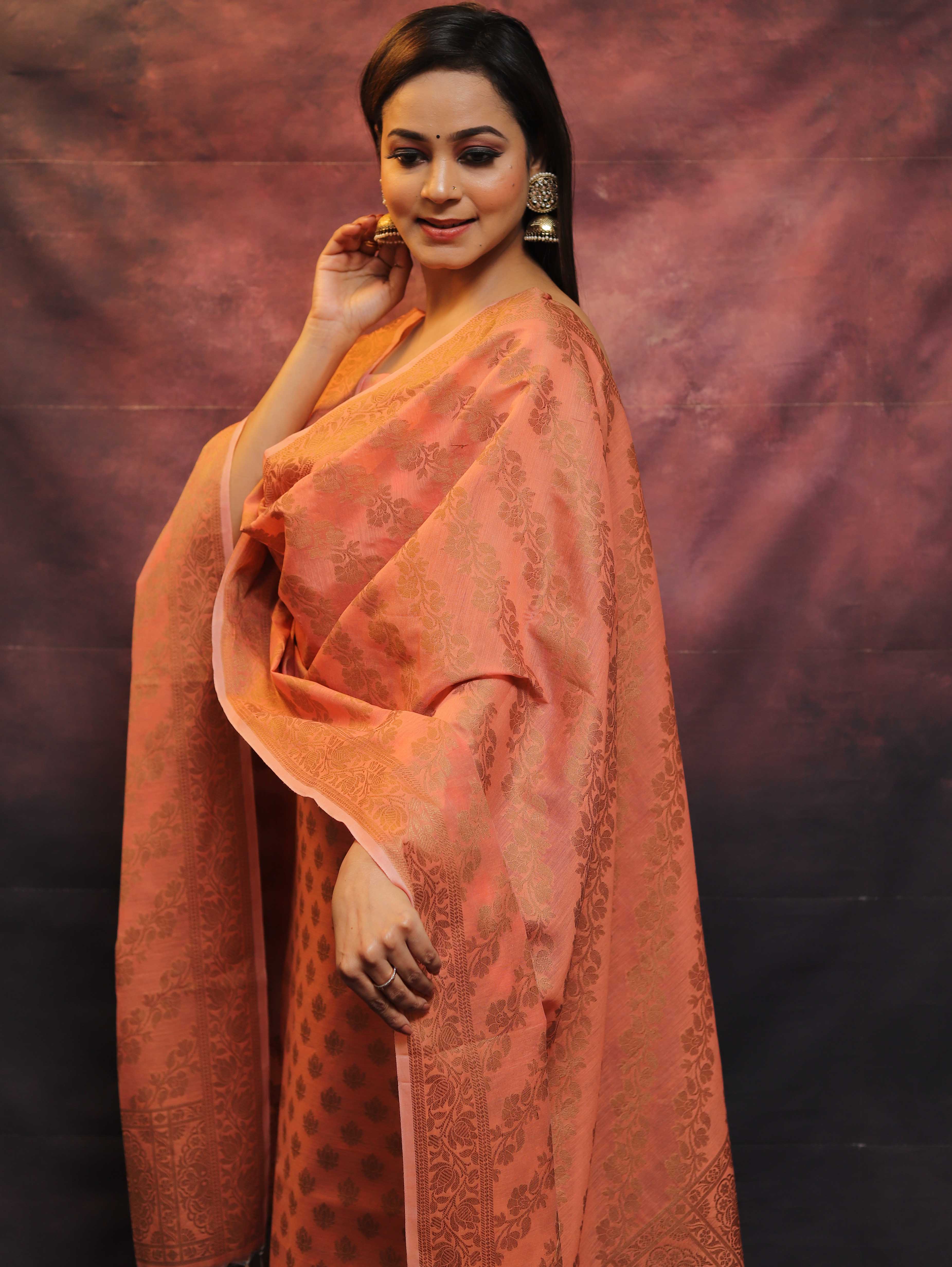 Banarasee Soft Cotton Ghichha Work Salwar Kameez Fabric With Dupatta-Peach