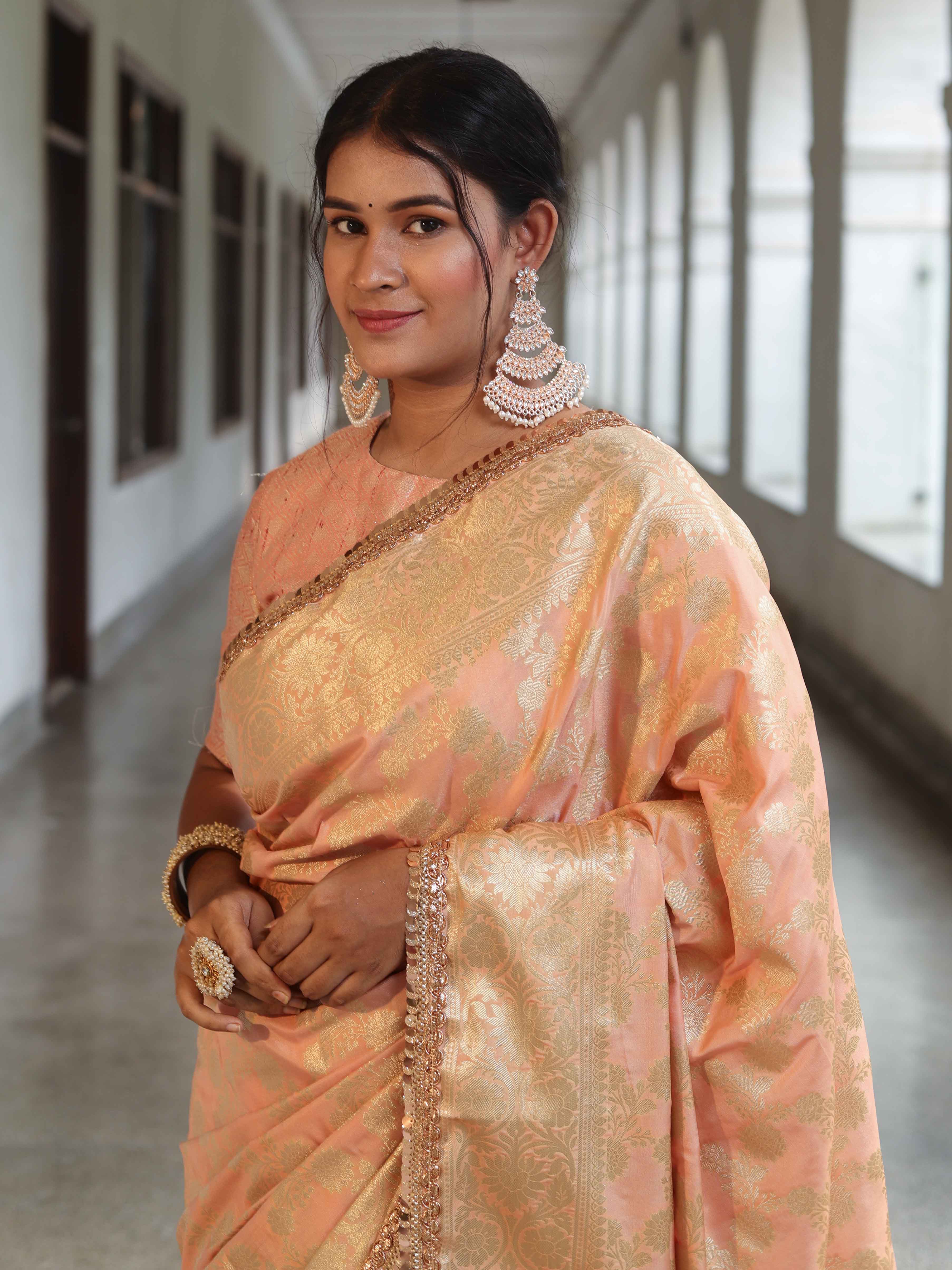 Banarasee Handwoven Semi Silk Saree With Zari Jaal Design & Lace-Peachy Pink