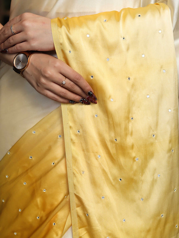 Banarasee Handloom Satin Hand Dyed Saree With Mirror Work-Yellow(Dual Tone)