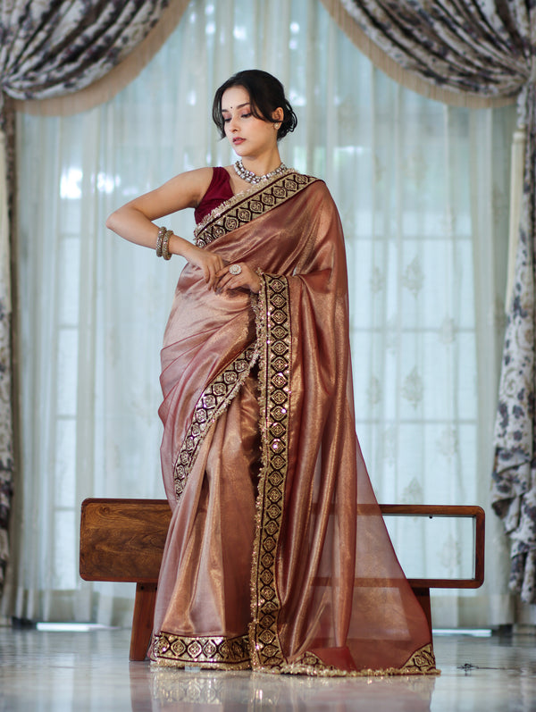 Banarasee Handloom Plain Tissue Saree With Lace Border-Burgundy