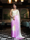 Banarasee Handloom Satin Hand Dyed Saree With Mirror Work-Light Yellow & Light Pink