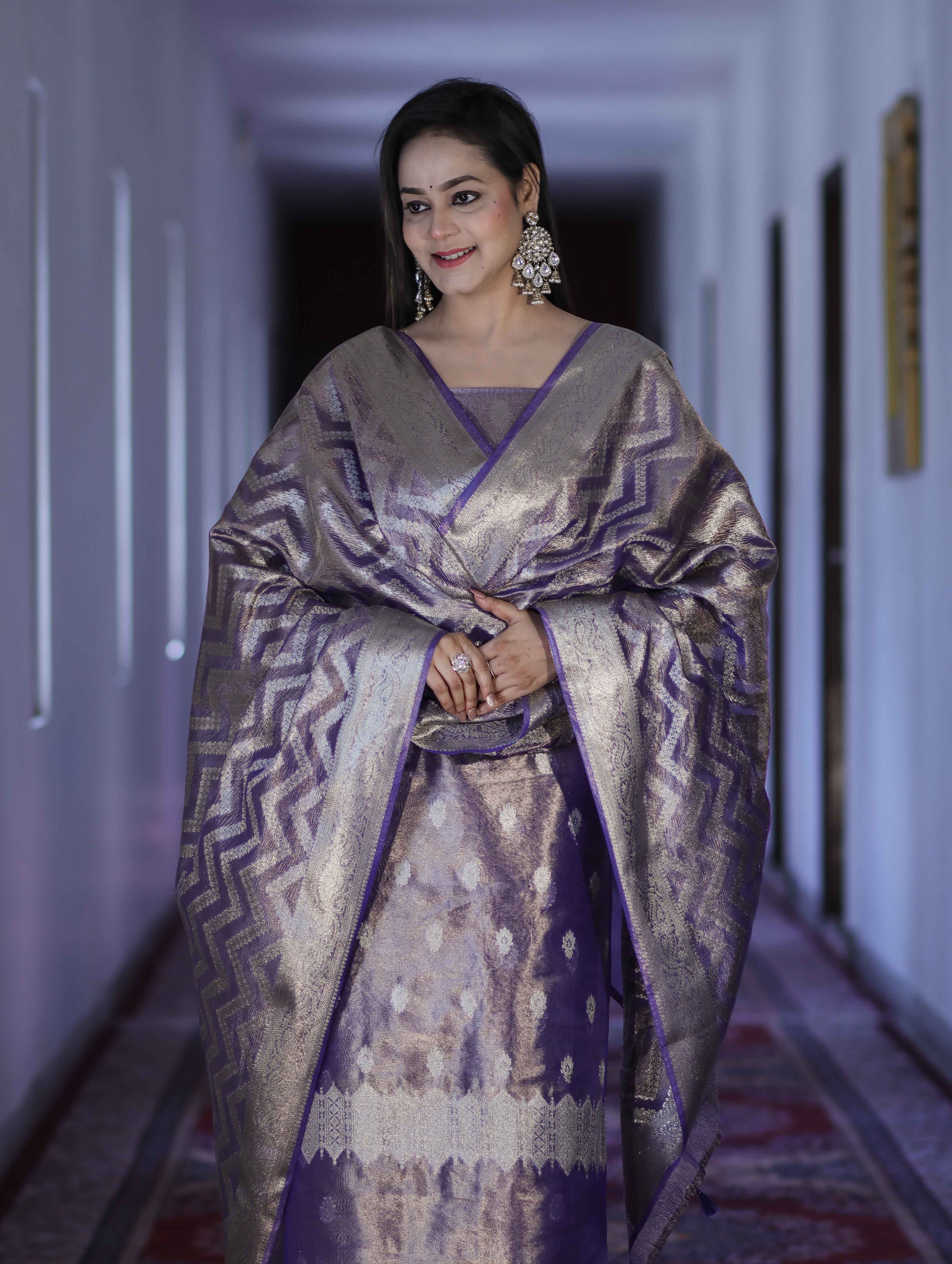 Banarasee Tissue Zari Work Salwar Kameez Fabric With Dupatta Set-Lilac