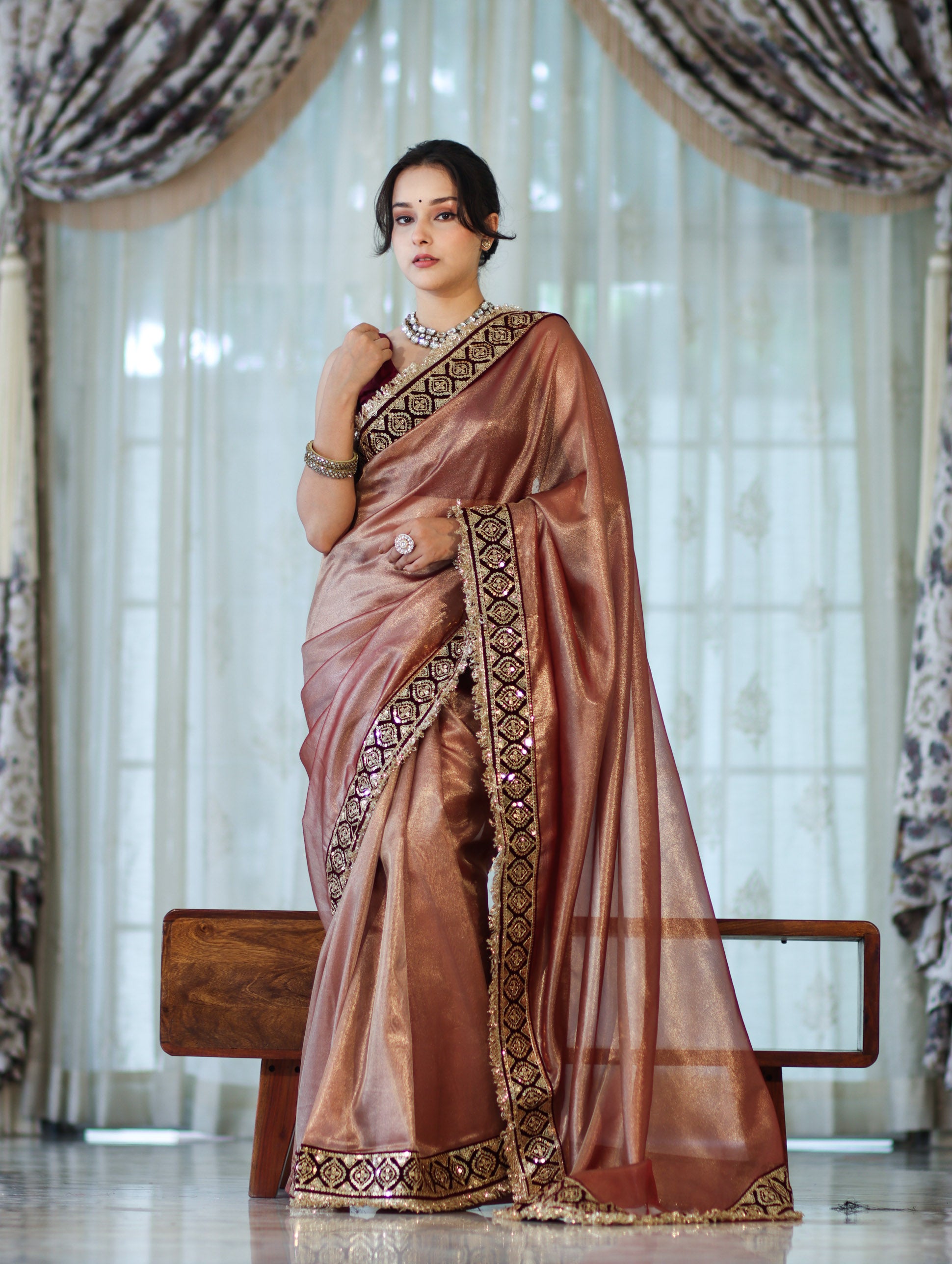Banarasee Handloom Plain Tissue Saree With Lace Border-Burgundy