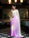 Banarasee Handloom Satin Hand Dyed Saree With Mirror Work-Light Yellow & Light Pink