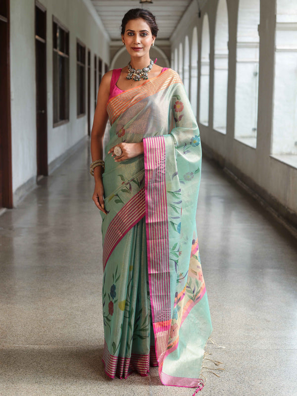 Banarasee Handwoven Tissue Saree With Hand Brush Paint Floral Design & Contrast Border-Light Green