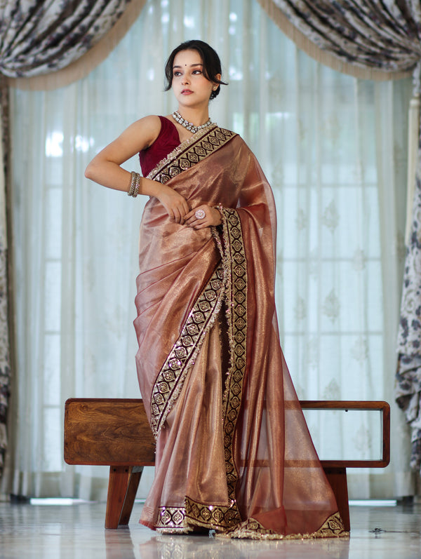 Banarasee Handloom Plain Tissue Saree With Lace Border-Burgundy