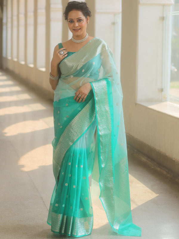 Banarasee Organza Saree With Silver Zari Design & Dual Color-Green