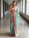 Banarasee Handwoven Tissue Saree With Hand Brush Paint Floral Design & Contrast Border-Light Green